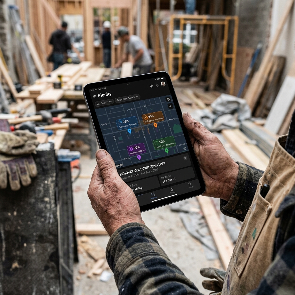 Artisan consultant Planity sur iPad sur un chantier